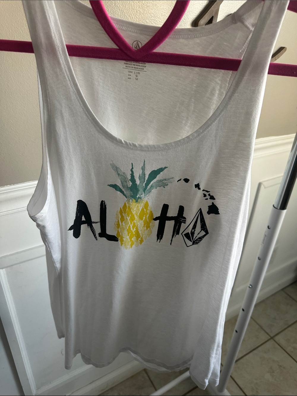 Volcom White Tank with Yellow Pineapple ALOHA Graphic